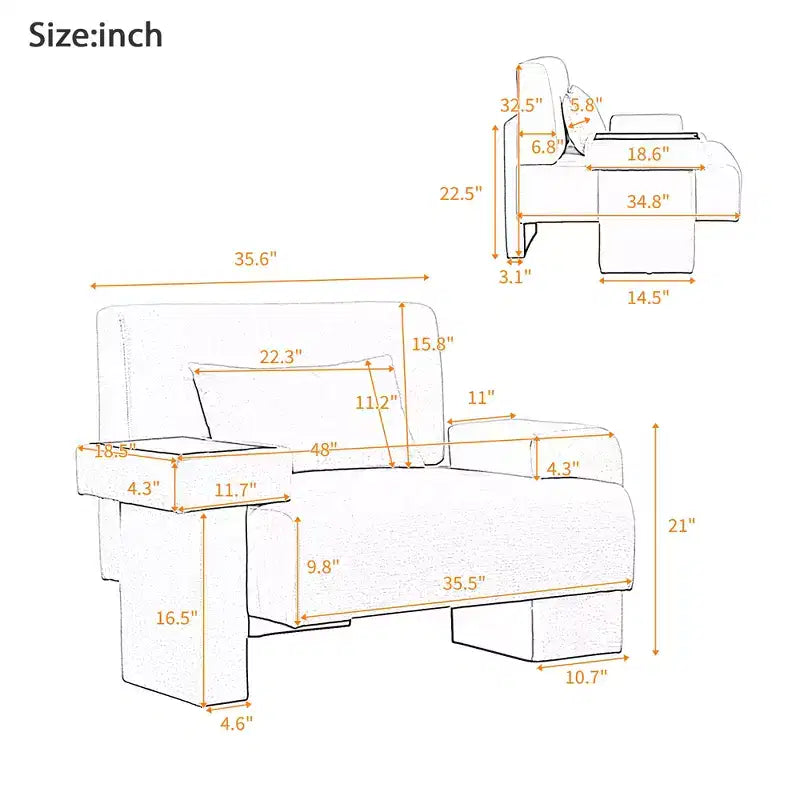 Fauteuil d'appoint surdimensionné de 122 cm de large avec coussin et plateau en bois intégré, fauteuil confortable et moderne - ModernLuxe