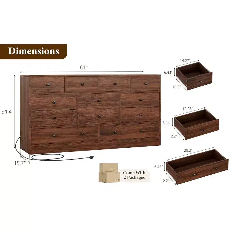 Commodes et chiffonniers à 12 tiroirs, Commode de rangement en bois avec prise de courant