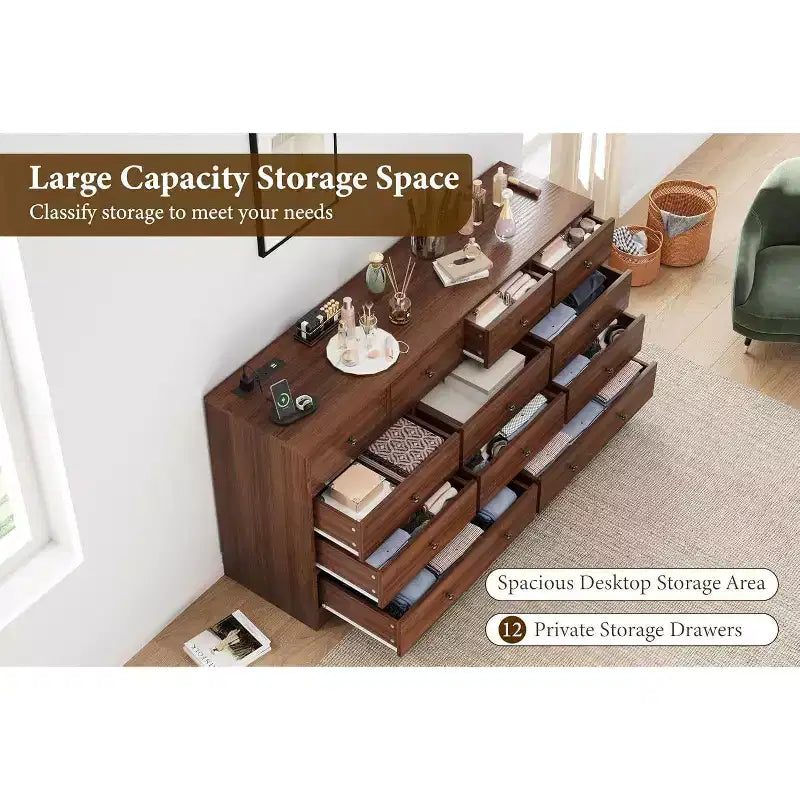 Commodes et chiffonniers à 12 tiroirs, Commode de rangement en bois avec prise de courant