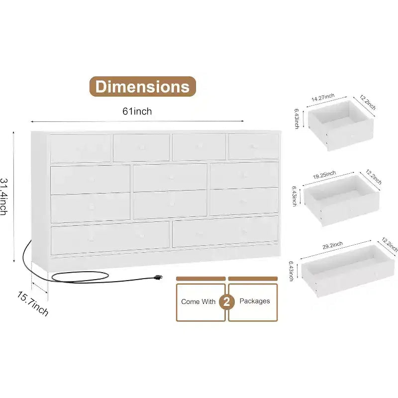 Commodes et chiffonniers à 12 tiroirs, Commode de rangement en bois avec prise de courant