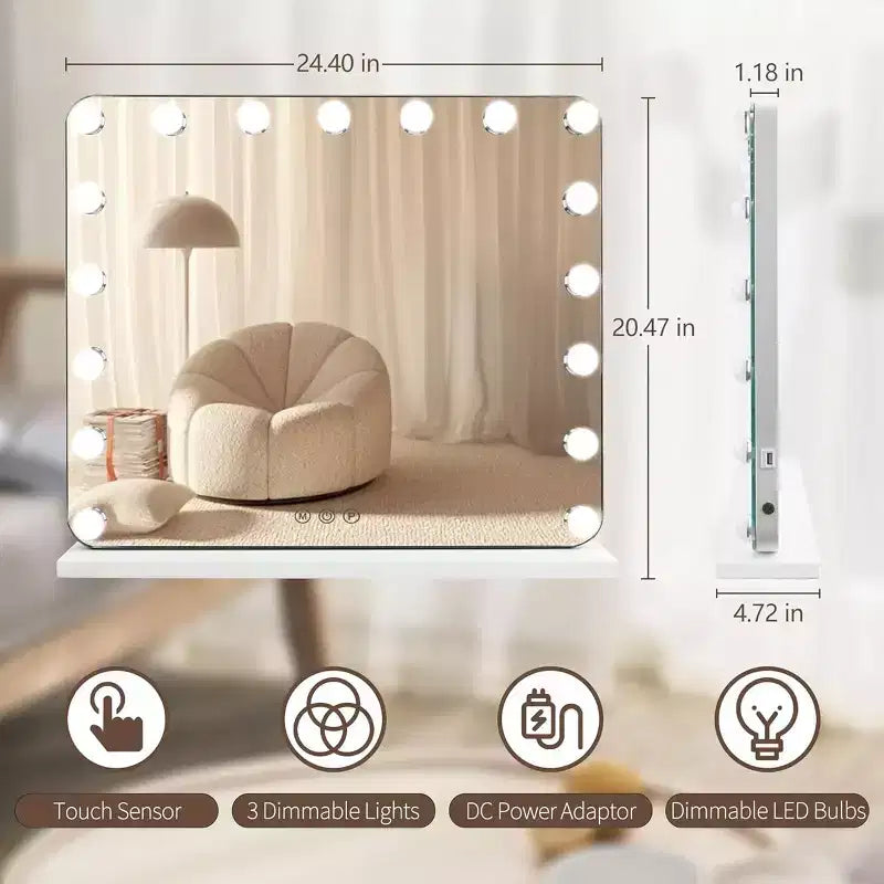 Miroir de courtoisie Hollywood avec 17 lumières LED à intensité variable en blanc