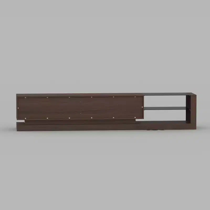Meuble TV contemporain multifonctionnel avec console multimédia, éclairage LED réglable, tiroirs de rangement et étagères d'exposition.