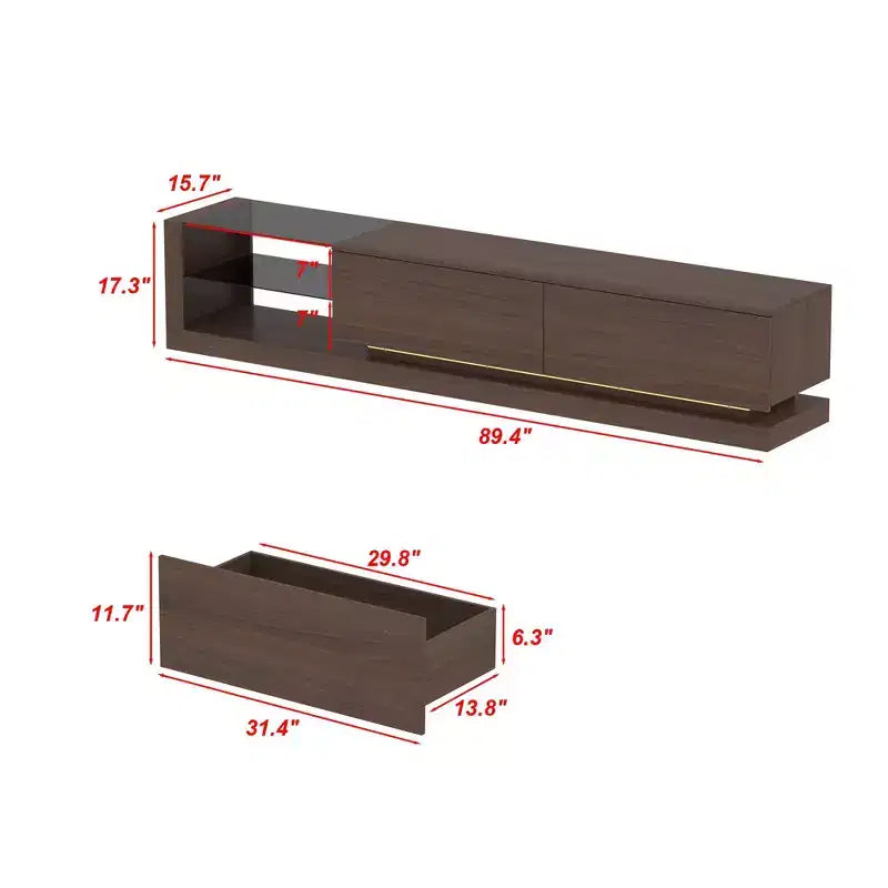 Meuble TV contemporain multifonctionnel avec console multimédia, éclairage LED réglable, tiroirs de rangement et étagères d'exposition.