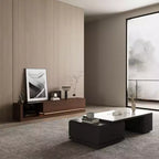 Meuble TV contemporain multifonctionnel avec console multimédia, éclairage LED réglable, tiroirs de rangement et étagères d'exposition.