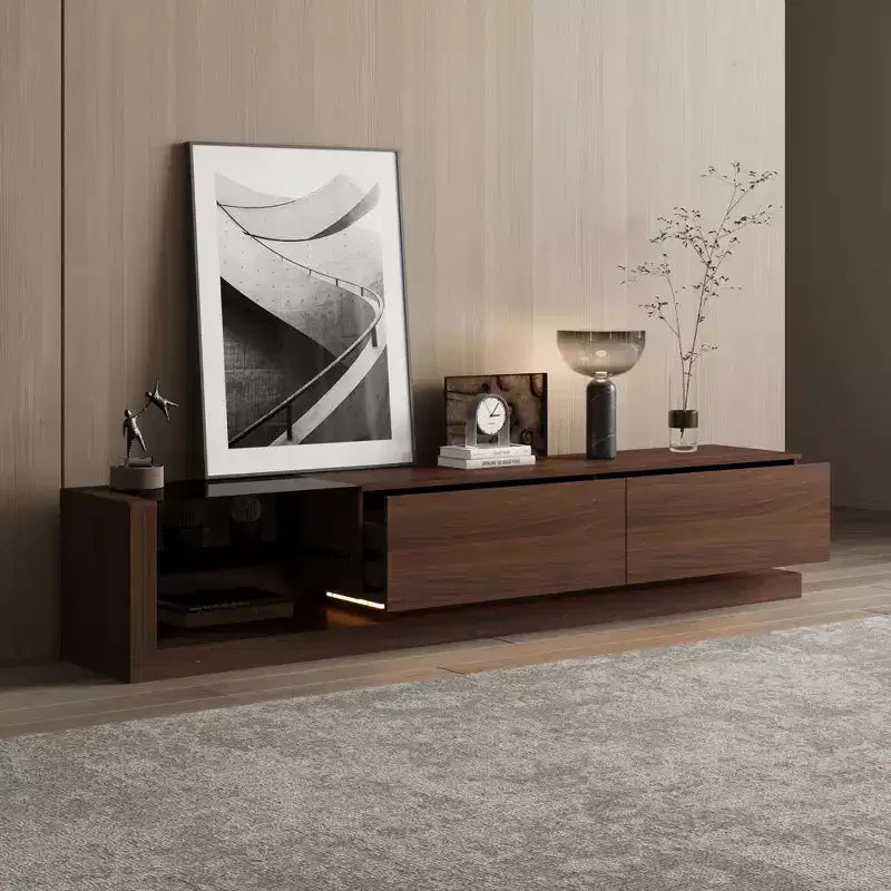 Meuble TV contemporain multifonctionnel avec console multimédia, éclairage LED réglable, tiroirs de rangement et étagères d'exposition.