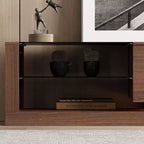 Meuble TV contemporain multifonctionnel avec console multimédia, éclairage LED réglable, tiroirs de rangement et étagères d'exposition.