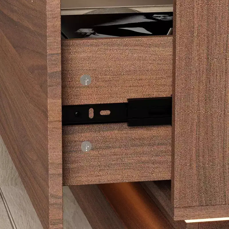 Meuble TV contemporain multifonctionnel avec console multimédia, éclairage LED réglable, tiroirs de rangement et étagères d'exposition.