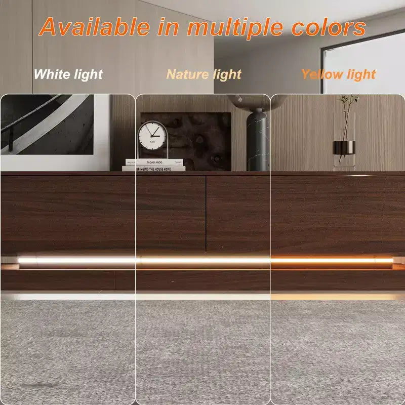 Meuble TV contemporain multifonctionnel avec console multimédia, éclairage LED réglable, tiroirs de rangement et étagères d'exposition.