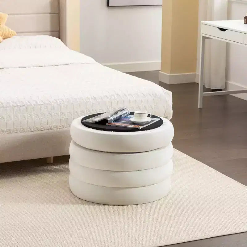 Tabouret de rangement rond en velours avec étagères en bois, ivoire