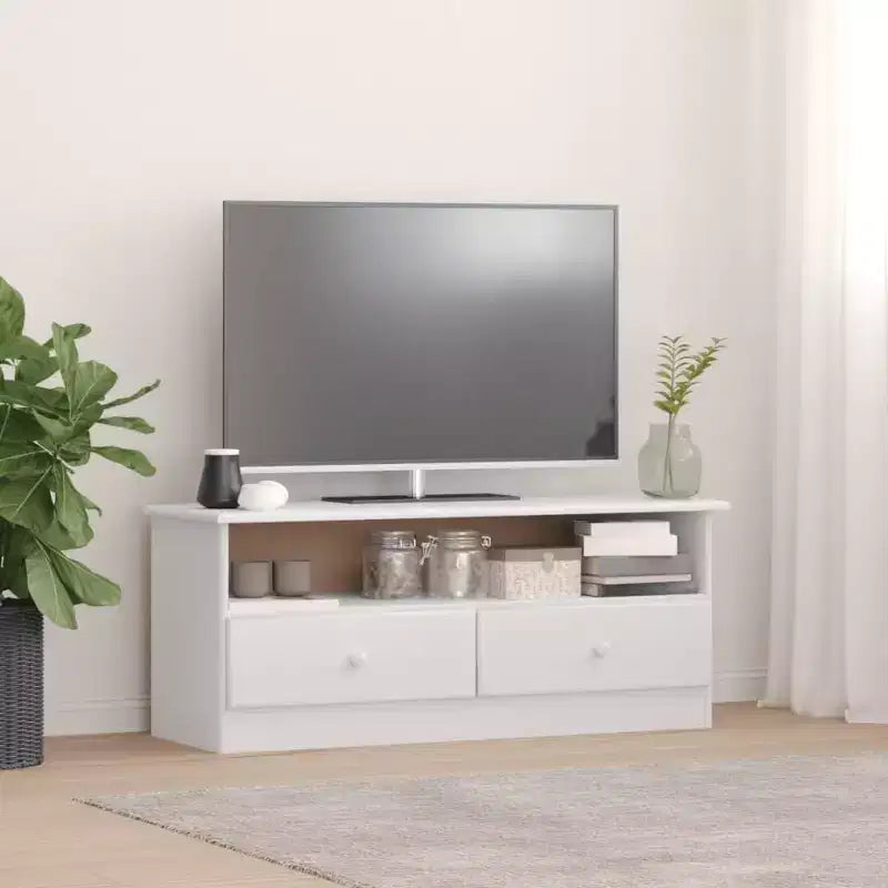vidaXL Meuble TV ALTA – Meuble TV en bois de pin massif avec tiroirs – Blanc, style scandinave, grand espace de rangement, 100x35x41 cm