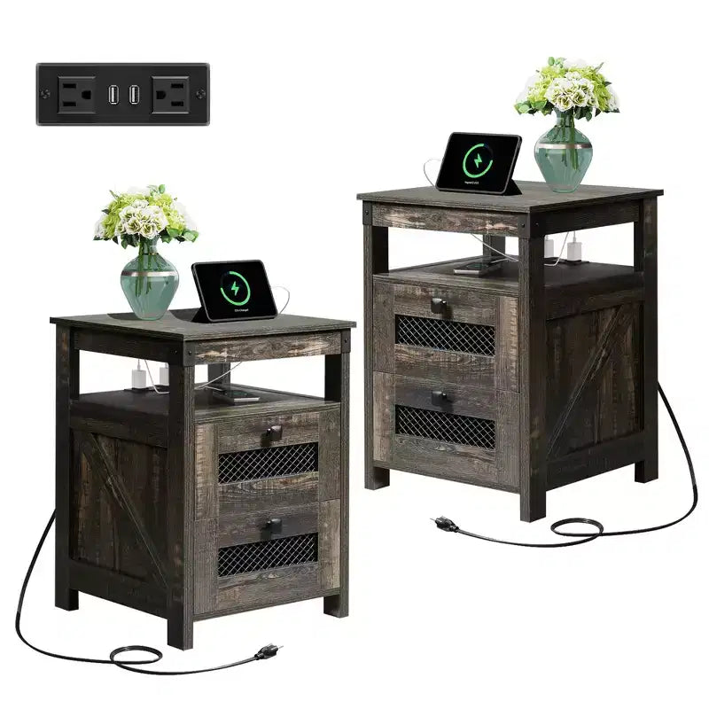 Table de chevet avec station de charge, Table d'appoint à 2 tiroirs pour chambre et salon, Table d'appoint de style rustique avec ports USB et prises électriques, Chêne rustique foncé