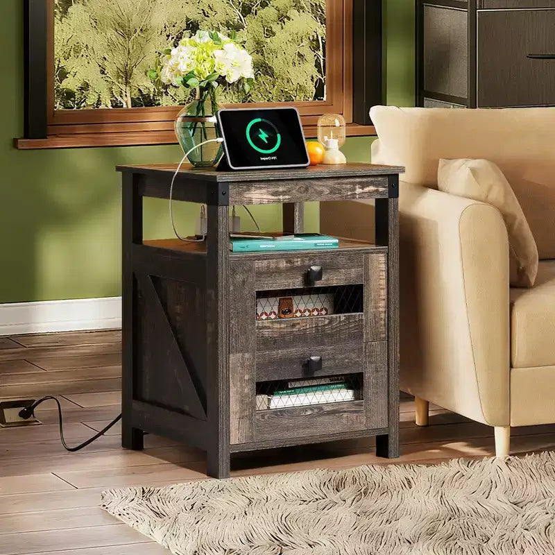 Table de chevet avec station de charge, Table d'appoint à 2 tiroirs pour chambre et salon, Table d'appoint de style rustique avec ports USB et prises électriques, Chêne rustique foncé