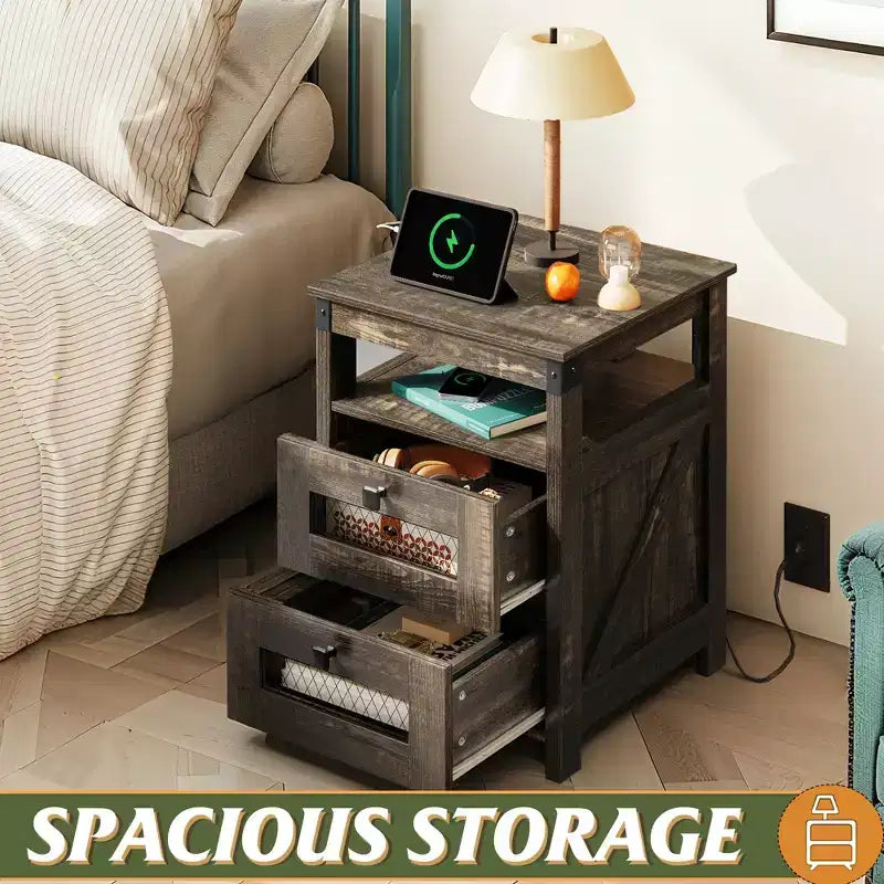 Table de chevet avec station de charge, Table d'appoint à 2 tiroirs pour chambre et salon, Table d'appoint de style rustique avec ports USB et prises électriques, Chêne rustique foncé