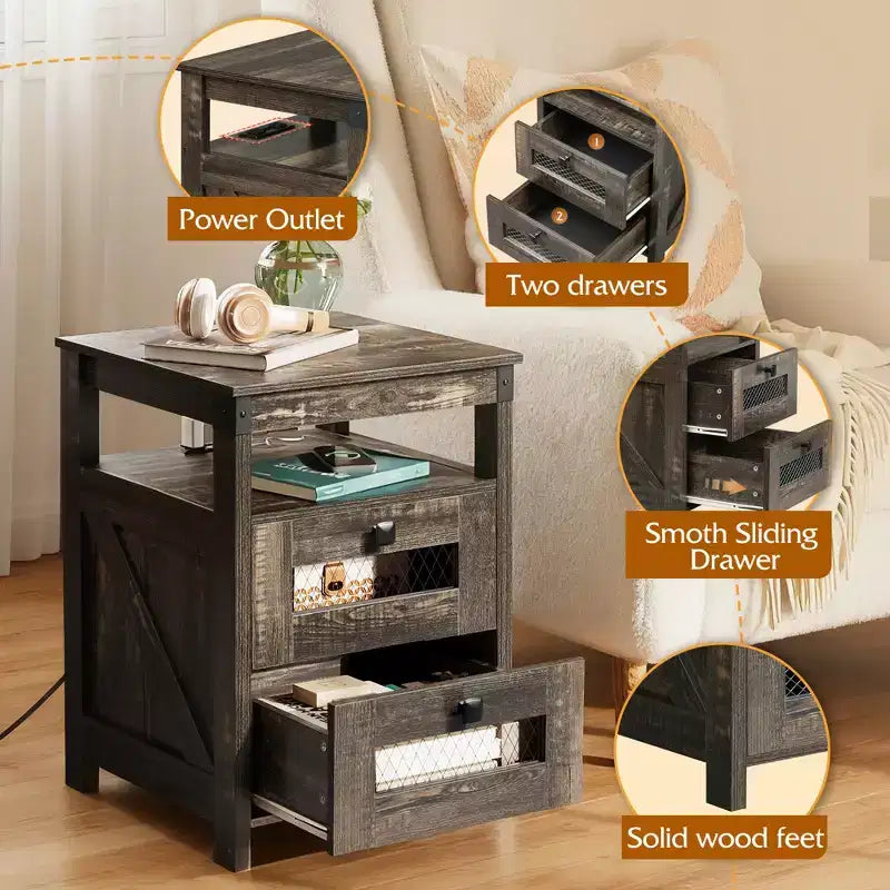 Table de chevet avec station de charge, Table d'appoint à 2 tiroirs pour chambre et salon, Table d'appoint de style rustique avec ports USB et prises électriques, Chêne rustique foncé