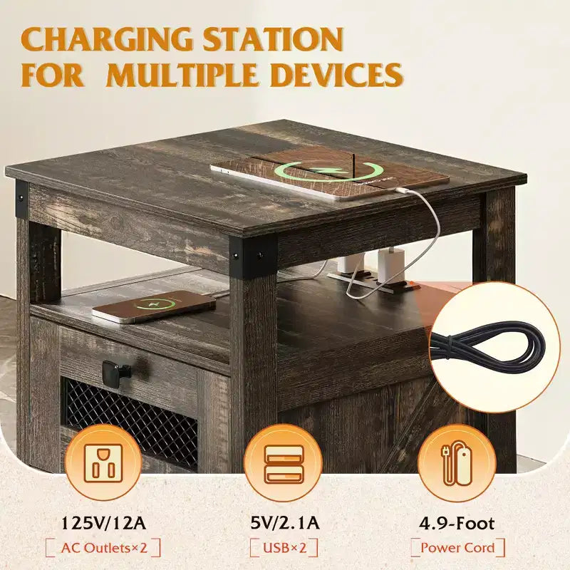 Table de chevet avec station de charge, Table d'appoint à 2 tiroirs pour chambre et salon, Table d'appoint de style rustique avec ports USB et prises électriques, Chêne rustique foncé