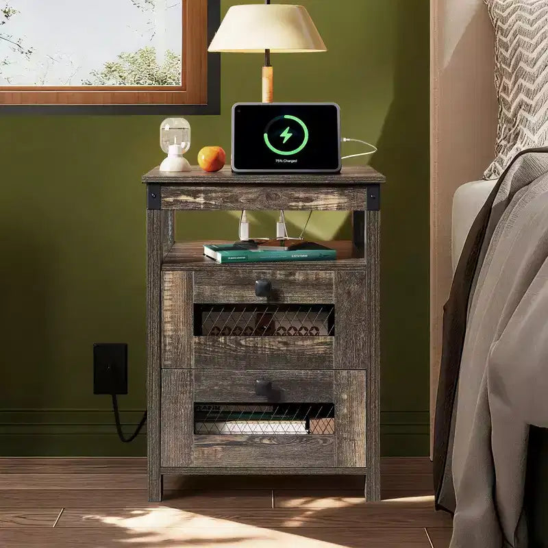 Table de chevet avec station de charge, Table d'appoint à 2 tiroirs pour chambre et salon, Table d'appoint de style rustique avec ports USB et prises électriques, Chêne rustique foncé