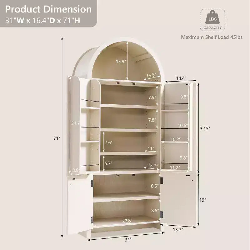 Garde-manger haut et arqué de 71 po, armoire de rangement moderne avec 3 tablettes réglables, 6 tablettes de porte, pour cuisine, salon