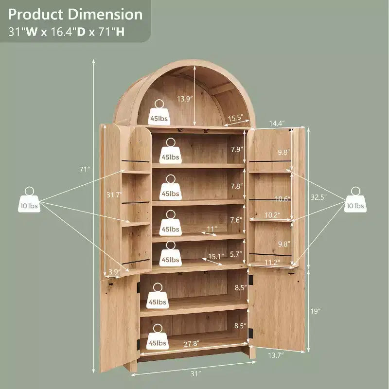 Garde-manger haut et arqué de 71 po, armoire de rangement moderne avec 3 tablettes réglables, 6 tablettes de porte, pour cuisine, salon