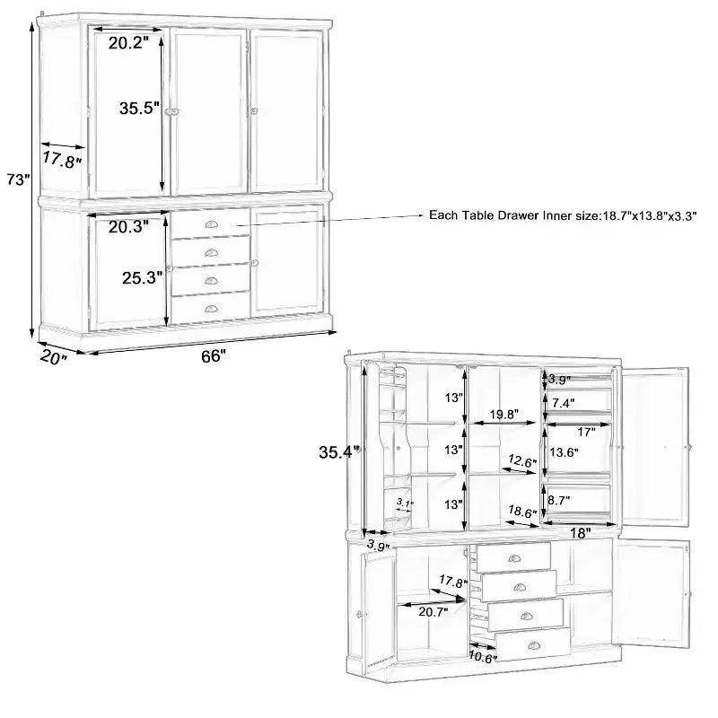 Whisen Meuble de Cuisine Autoportant en Bois de 185 cm avec Tiroirs et Étagères Réglables pour Rangement et Organisation dans la Salle à Manger ou la Cuisine