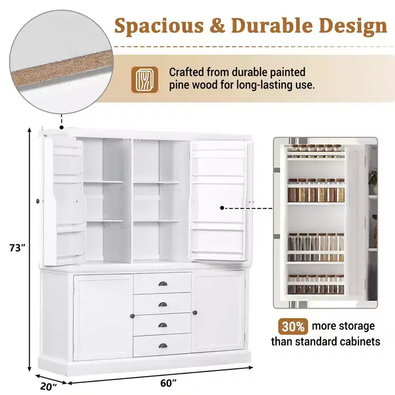 Whisen Meuble de Cuisine Autoportant en Bois de 185 cm avec Tiroirs et Étagères Réglables pour Rangement et Organisation dans la Salle à Manger ou la Cuisine