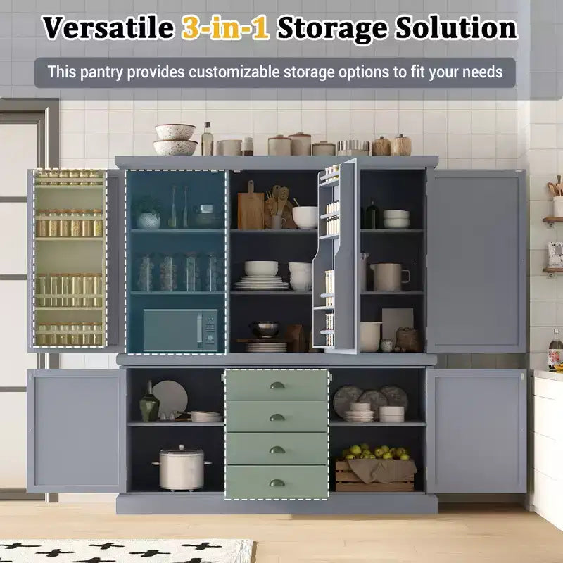 Whisen Meuble de Cuisine Autoportant en Bois de 185 cm avec Tiroirs et Étagères Réglables pour Rangement et Organisation dans la Salle à Manger ou la Cuisine