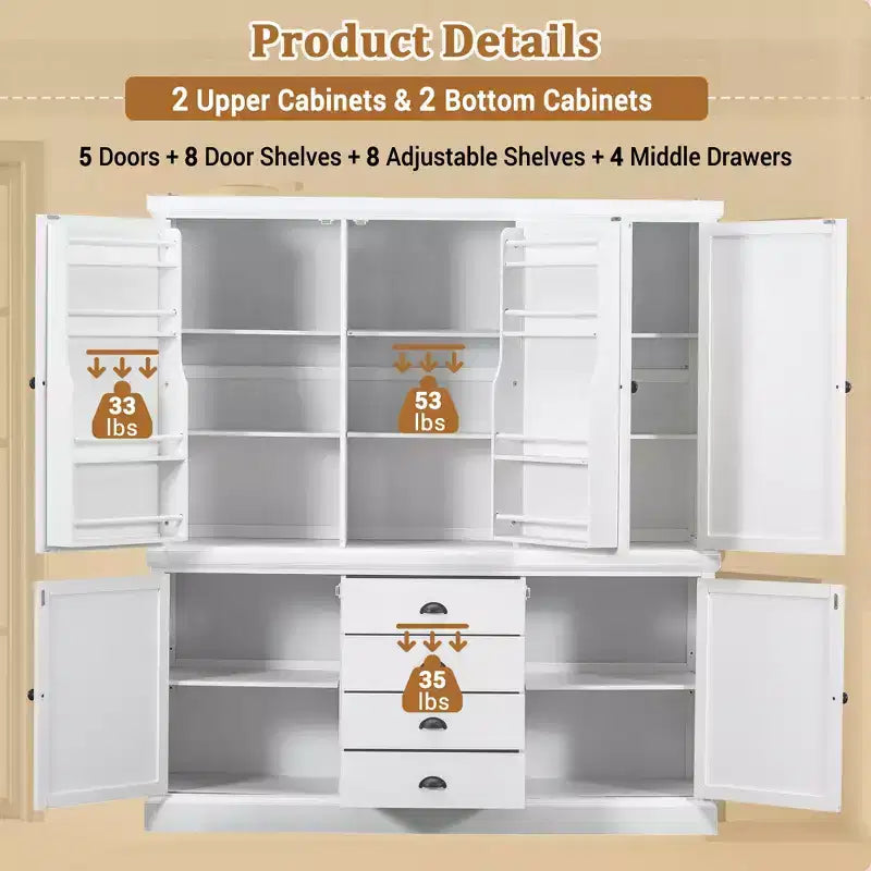 Whisen Meuble de Cuisine Autoportant en Bois de 185 cm avec Tiroirs et Étagères Réglables pour Rangement et Organisation dans la Salle à Manger ou la Cuisine