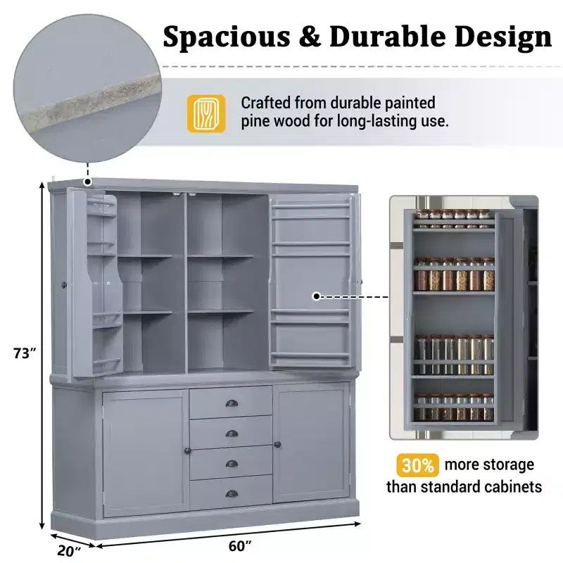 Whisen Meuble de Cuisine Autoportant en Bois de 185 cm avec Tiroirs et Étagères Réglables pour Rangement et Organisation dans la Salle à Manger ou la Cuisine