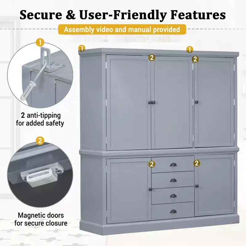 Whisen Meuble de Cuisine Autoportant en Bois de 185 cm avec Tiroirs et Étagères Réglables pour Rangement et Organisation dans la Salle à Manger ou la Cuisine