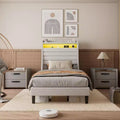 Upholstered Bed Frame with Storage Headboard, Charging Station & LED Lights, Wood Slat Support, No Box Spring Required, Noise-Free.