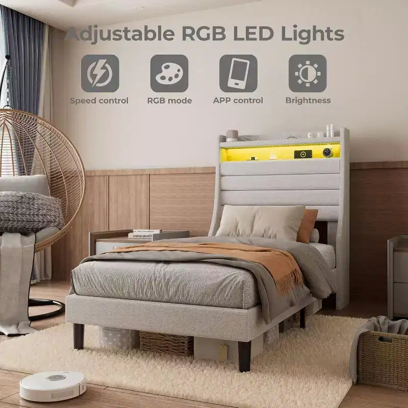 Cadre de lit rembourré avec tête de lit de rangement, station de recharge et lumières LED, support à lattes en bois, pas besoin de sommier tapissier, silencieux.