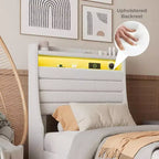 Cadre de lit rembourré avec tête de lit de rangement, station de recharge et lumières LED, support à lattes en bois, pas besoin de sommier tapissier, silencieux.