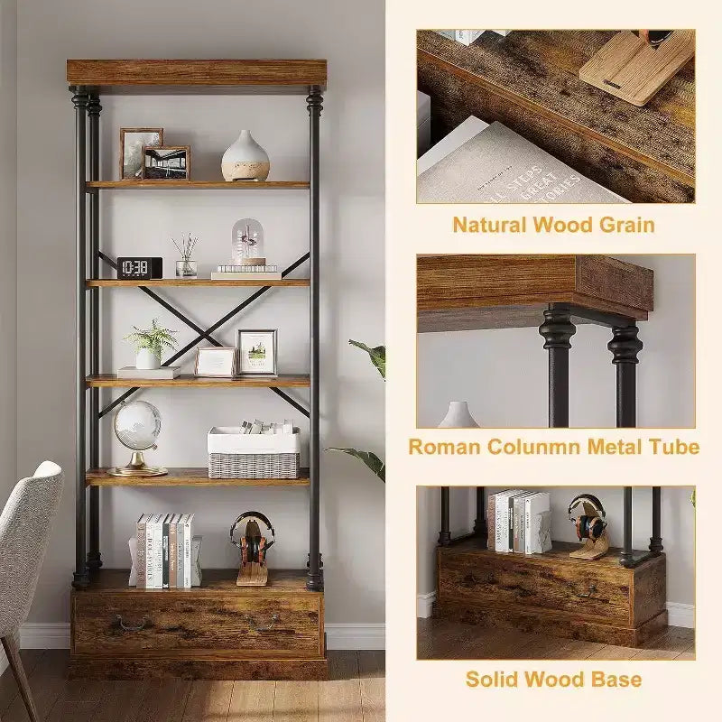 6 Étagères avec tiroirs de rangement, étagères de présentation verticales hautes, étagères de rangement en bois et métal pour salons, chambres et bureaux à domicile