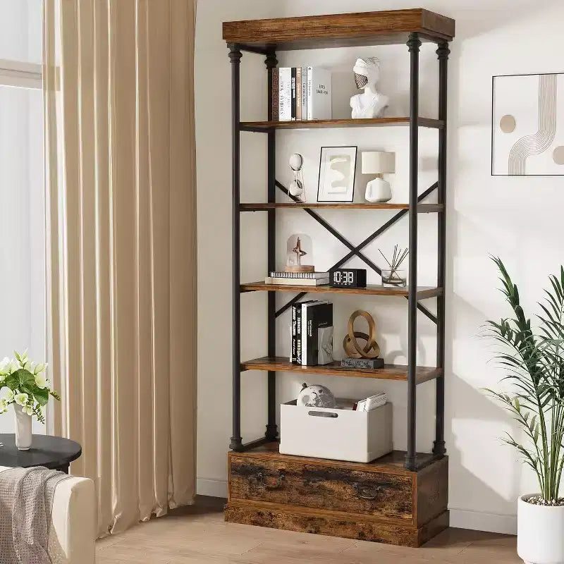 6 Étagères avec tiroirs de rangement, étagères de présentation verticales hautes, étagères de rangement en bois et métal pour salons, chambres et bureaux à domicile