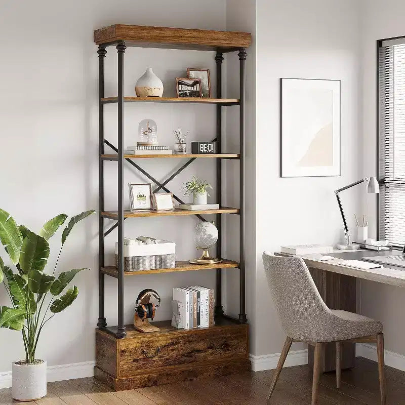 6 Étagères avec tiroirs de rangement, étagères de présentation verticales hautes, étagères de rangement en bois et métal pour salons, chambres et bureaux à domicile