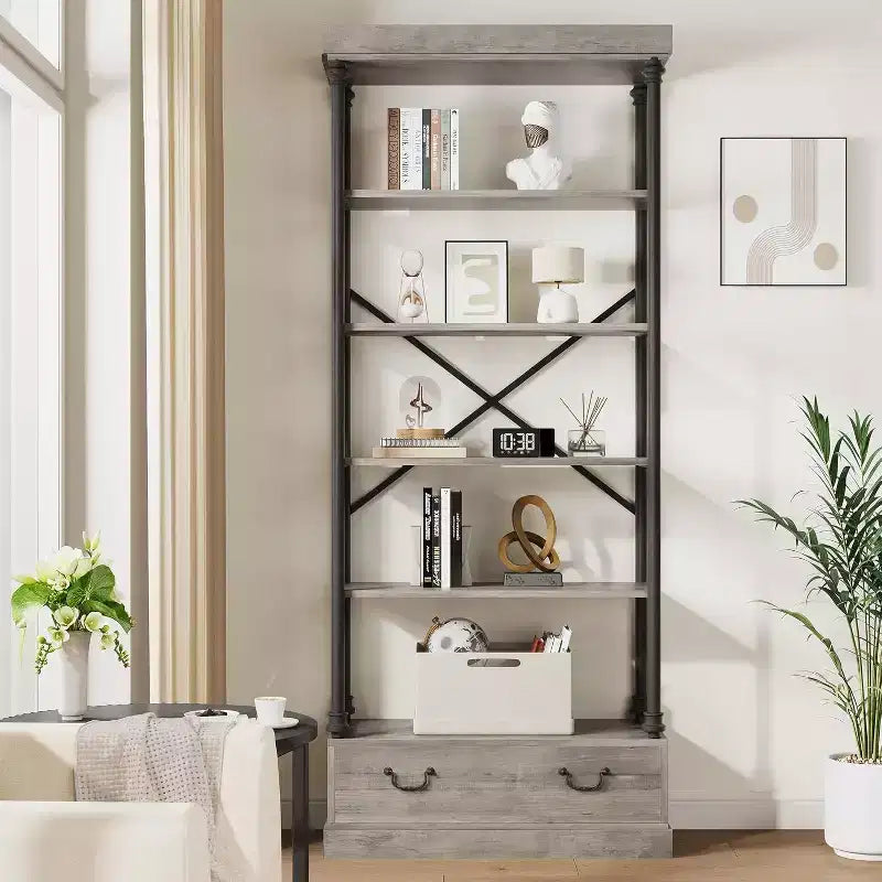 6 Étagères avec tiroirs de rangement, étagères de présentation verticales hautes, étagères de rangement en bois et métal pour salons, chambres et bureaux à domicile