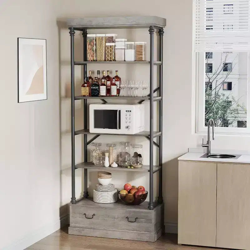 6 Étagères avec tiroirs de rangement, étagères de présentation verticales hautes, étagères de rangement en bois et métal pour salons, chambres et bureaux à domicile