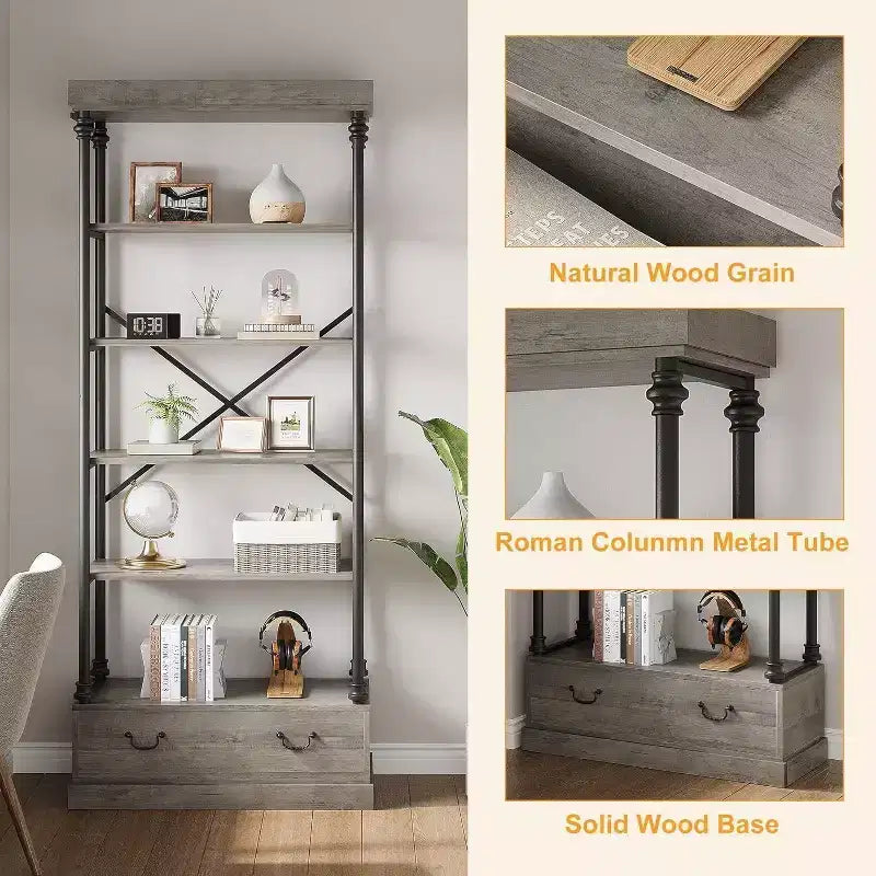 6 Étagères avec tiroirs de rangement, étagères de présentation verticales hautes, étagères de rangement en bois et métal pour salons, chambres et bureaux à domicile