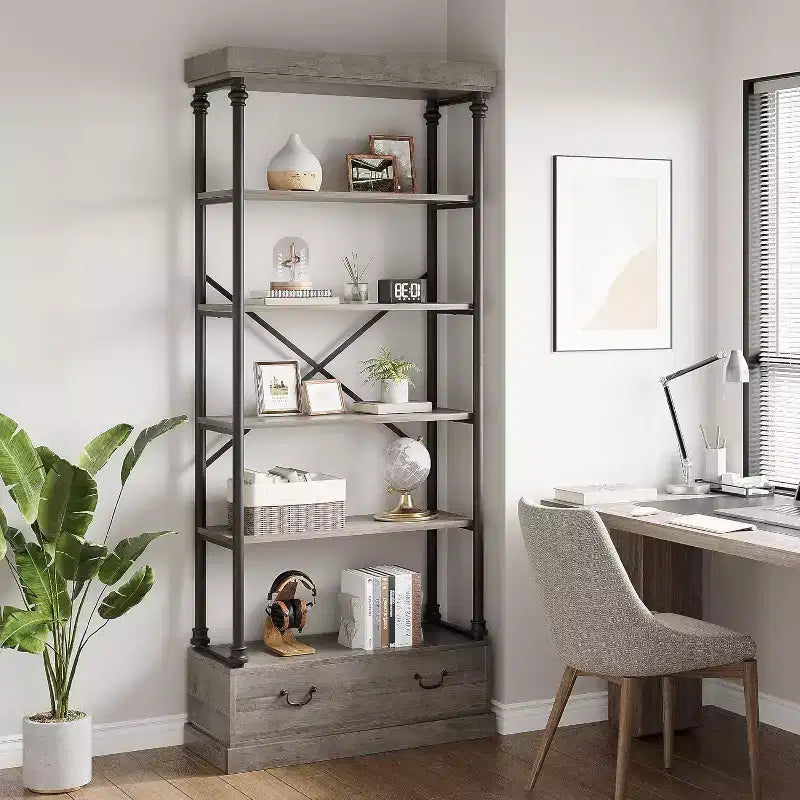 6 Étagères avec tiroirs de rangement, étagères de présentation verticales hautes, étagères de rangement en bois et métal pour salons, chambres et bureaux à domicile