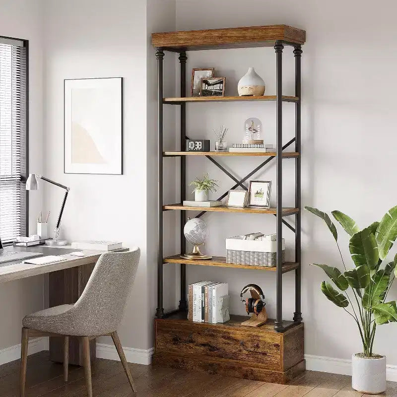 6 Étagères avec tiroirs de rangement, étagères de présentation verticales hautes, étagères de rangement en bois et métal pour salons, chambres et bureaux à domicile