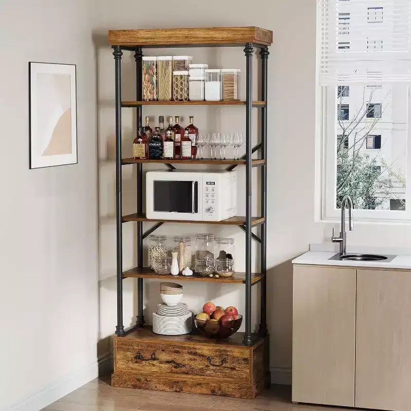 6 Étagères avec tiroirs de rangement, étagères de présentation verticales hautes, étagères de rangement en bois et métal pour salons, chambres et bureaux à domicile
