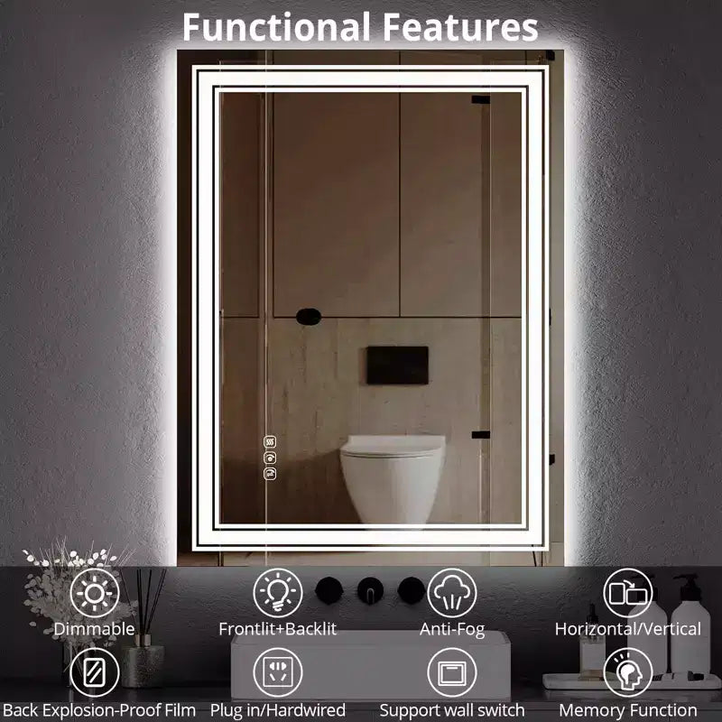Miroir de Salle de Bain LED Dimmable, Anti-Buée, Miroir de Courtoisie Éclairage Avant et Arrière avec Fonction Mémoire