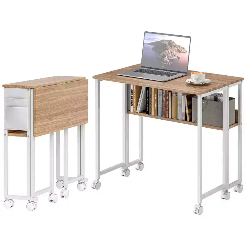 HOMCOM Petit bureau pliable, bureau d'ordinateur pliable de 80 cm avec sac de rangement, étagère et roulettes pour petits espaces, bureau à domicile, assemblage facile