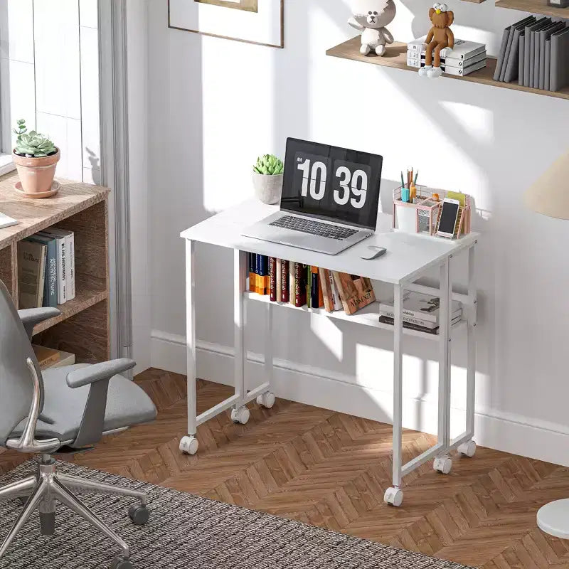 HOMCOM Petit bureau pliable, bureau d'ordinateur pliable de 80 cm avec sac de rangement, étagère et roulettes pour petits espaces, bureau à domicile, assemblage facile