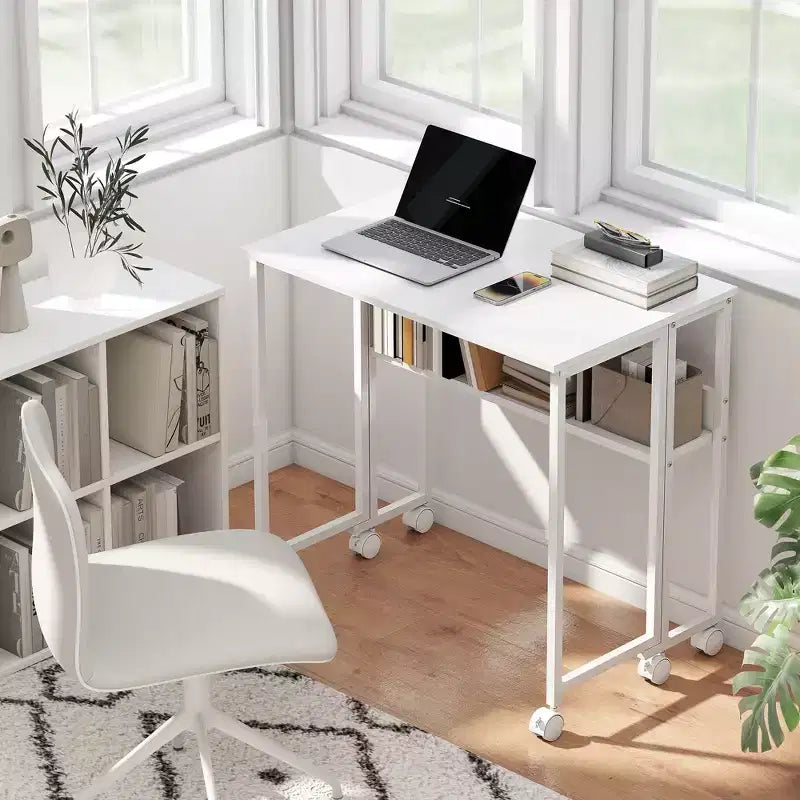 HOMCOM Petit bureau pliable, bureau d'ordinateur pliable de 80 cm avec sac de rangement, étagère et roulettes pour petits espaces, bureau à domicile, assemblage facile