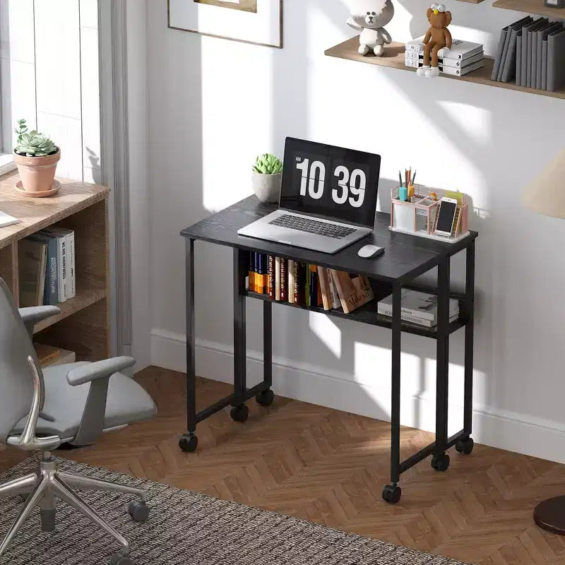 HOMCOM Petit bureau pliable, bureau d'ordinateur pliable de 80 cm avec sac de rangement, étagère et roulettes pour petits espaces, bureau à domicile, assemblage facile