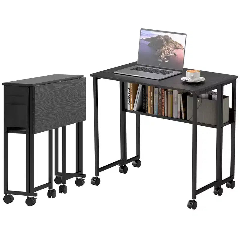 HOMCOM Petit bureau pliable, bureau d'ordinateur pliable de 80 cm avec sac de rangement, étagère et roulettes pour petits espaces, bureau à domicile, assemblage facile