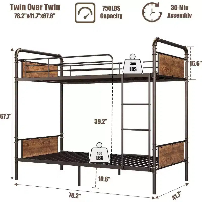Lit superposé en métal robuste pour enfants, deux lits jumeaux, conception convertible avec garde-corps et échelles, silencieux, aucun sommier tapissier requis.
