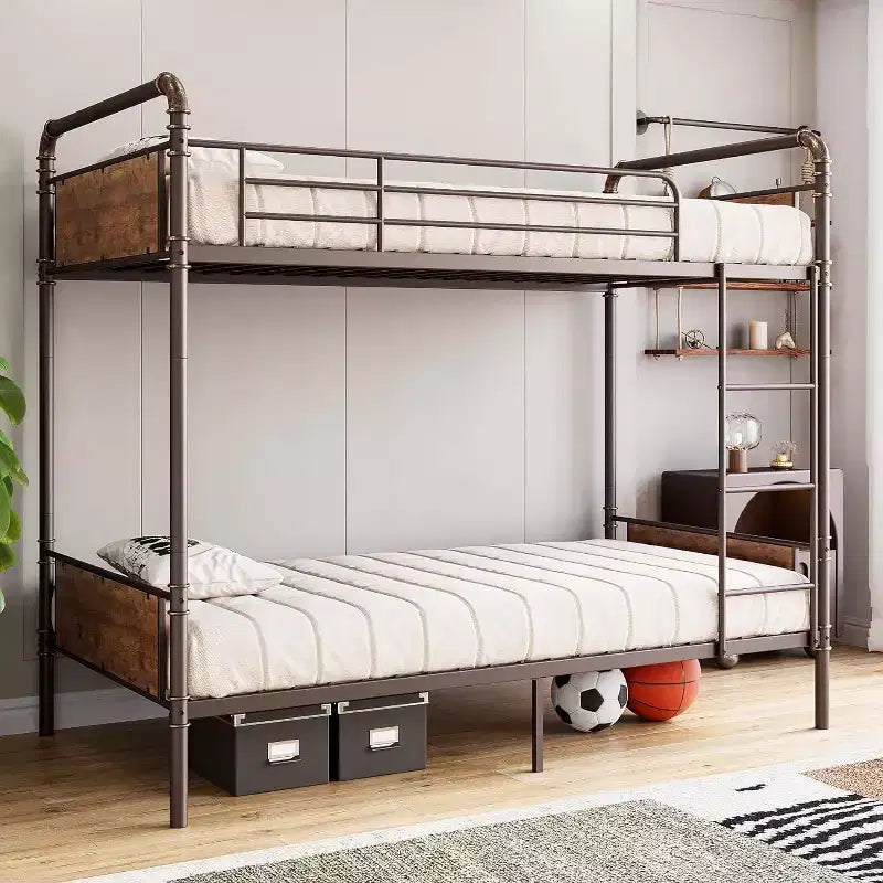 Lit superposé en métal robuste pour enfants, deux lits jumeaux, conception convertible avec garde-corps et échelles, silencieux, aucun sommier tapissier requis.
