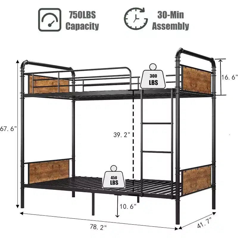Lit superposé en métal robuste pour enfants, deux lits jumeaux, conception convertible avec garde-corps et échelles, silencieux, aucun sommier tapissier requis.