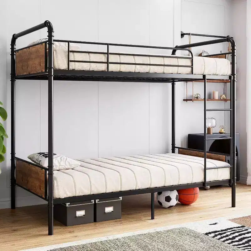 Lit superposé en métal robuste pour enfants, deux lits jumeaux, conception convertible avec garde-corps et échelles, silencieux, aucun sommier tapissier requis.